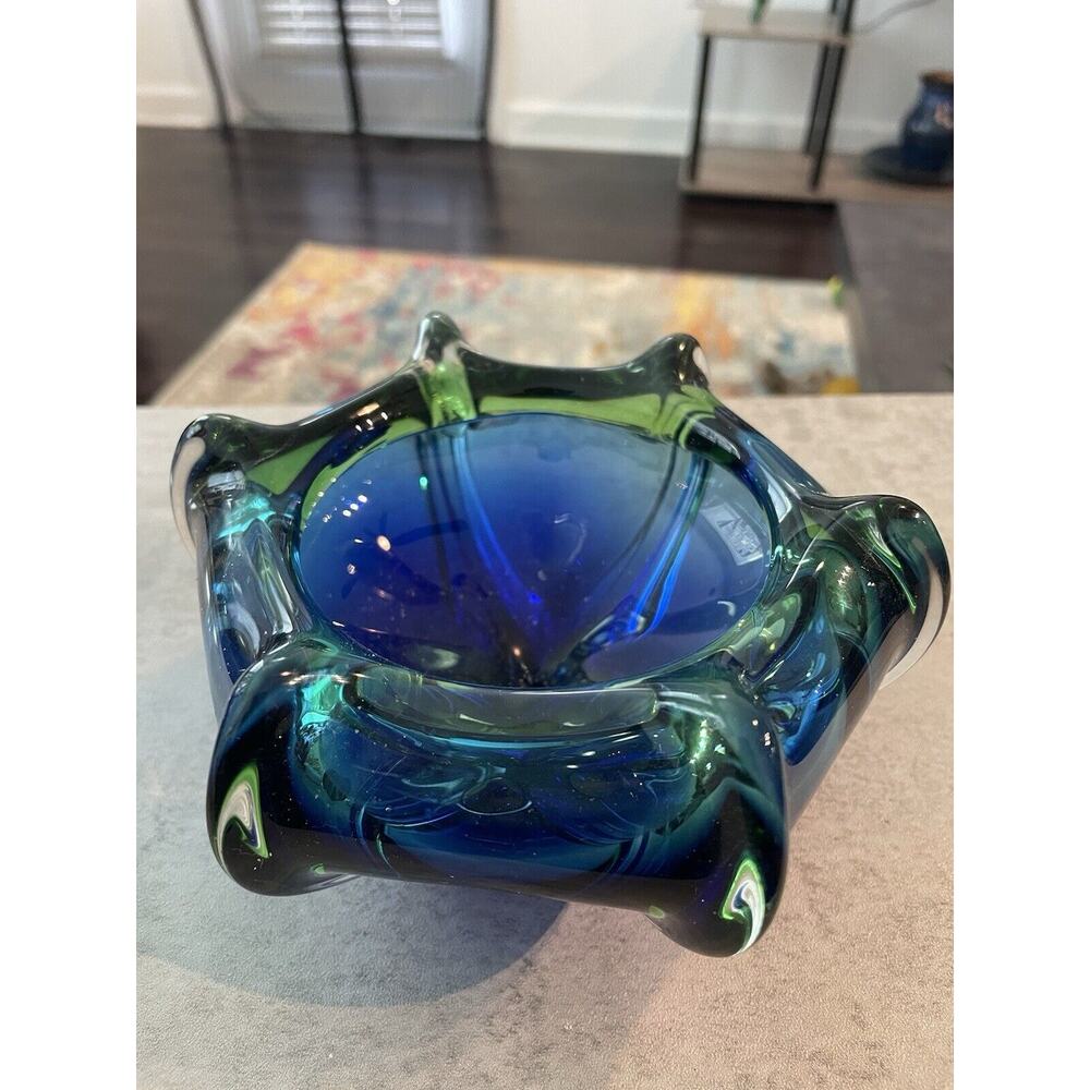 MID CENTURY MODERN MURANO CRISTALLO VENEZIA CCC BLUE & GREEN ART GLASS BOWL